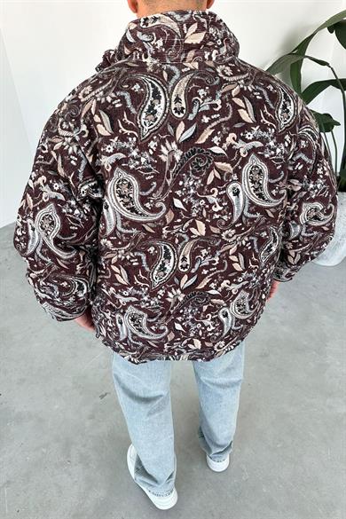 Bordo Desenli Kadife Şişme Mont
