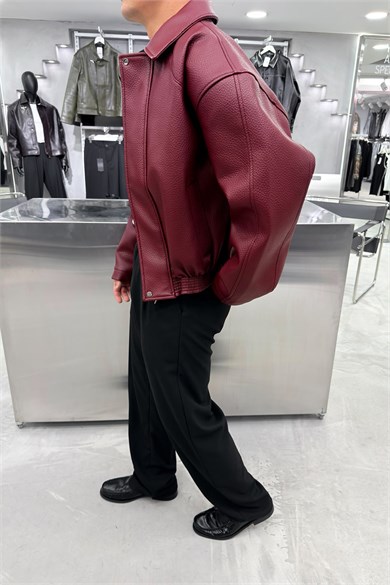 Bordo Desenli Premium Deri Ceket