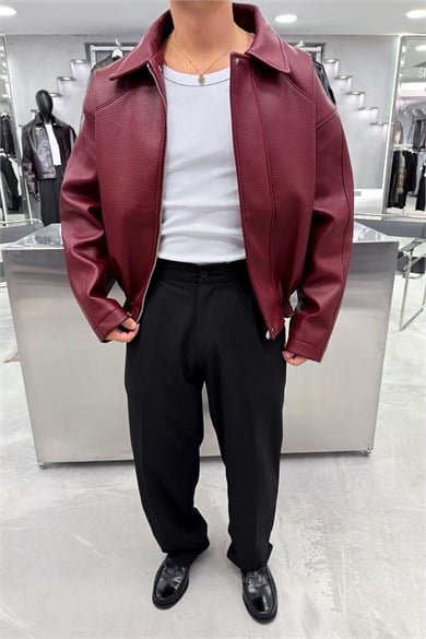 Bordo Desenli Premium Deri Ceket