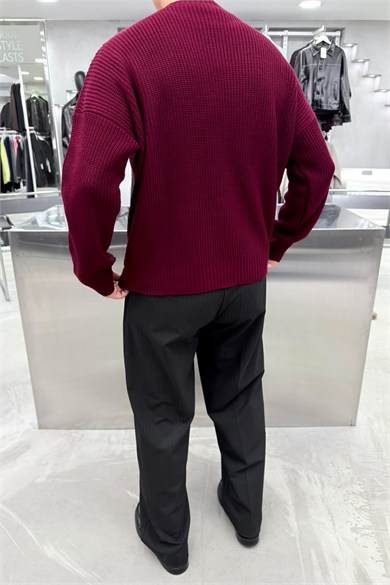 Bordo Fitilli Basic Boxy Kalıp Triko Kazak
