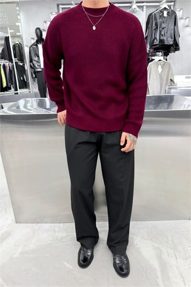 Bordo Fitilli Basic Boxy Kalıp Triko Kazak