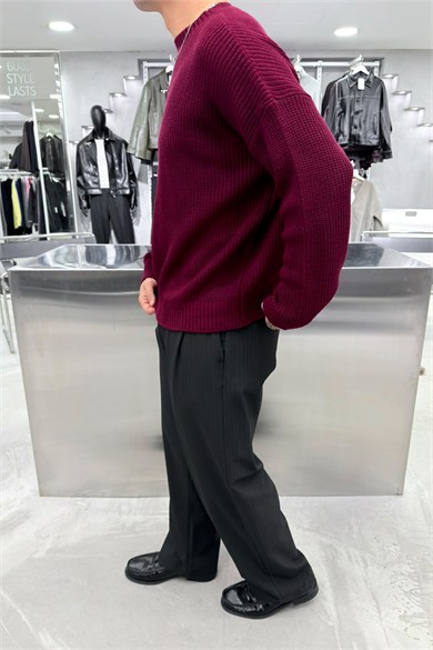 Bordo Fitilli Basic Boxy Kalıp Triko Kazak