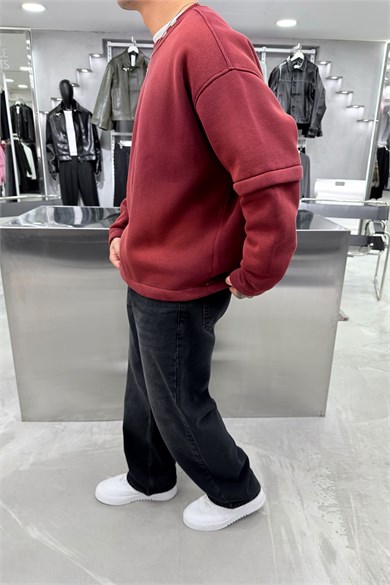 Bordo Kabartma Detaylı Yıkamalı Boxy Kalıp Sweatshirt