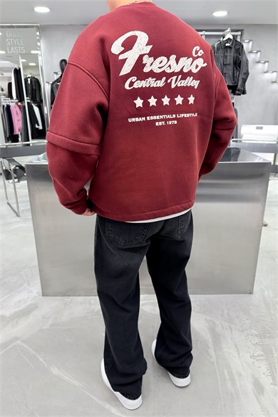 Bordo Kabartma Detaylı Yıkamalı Boxy Kalıp Sweatshirt