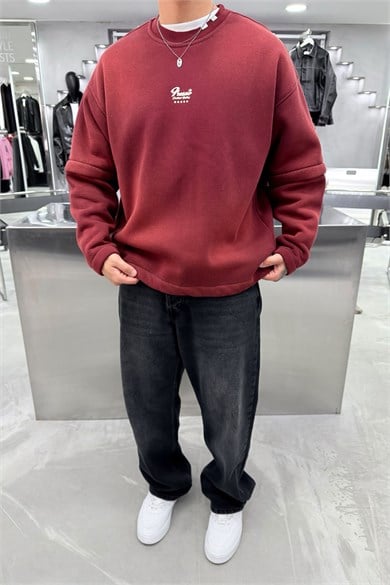 Bordo Kabartma Detaylı Yıkamalı Boxy Kalıp Sweatshirt