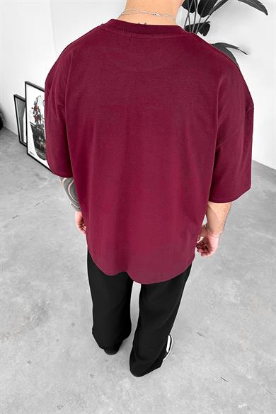 Bordo Minimal Tiger Baskılı Oversize Tişört