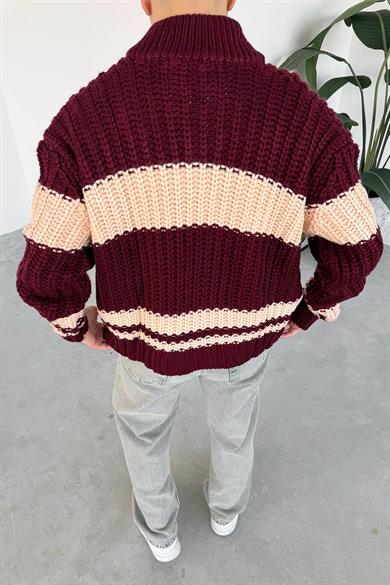 Bordo Örgülü Retro Triko Hırka