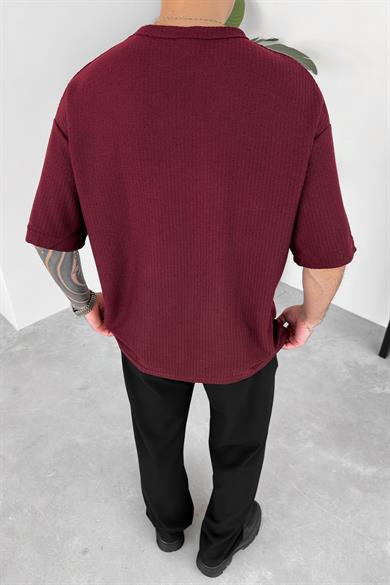 Bordo Örme Cep Detay Oversize Tişört