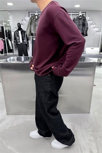 Bordo Oysh Kumaş Uzun Kollu Oversize Tişört