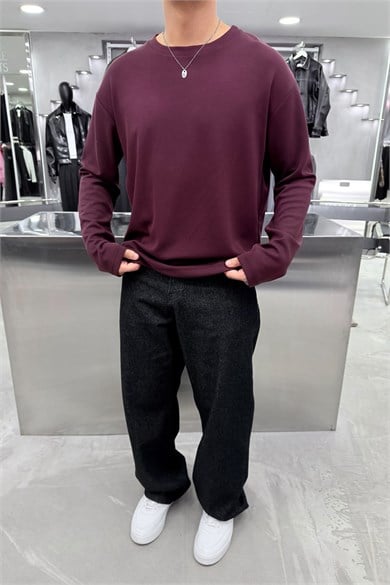Bordo Oysh Kumaş Uzun Kollu Oversize Tişört