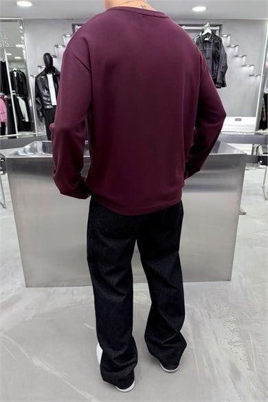 Bordo Oysh Kumaş Uzun Kollu Oversize Tişört