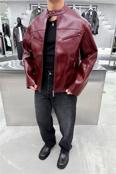 Bordo Premium Fermuar Detaylı Deri Ceket