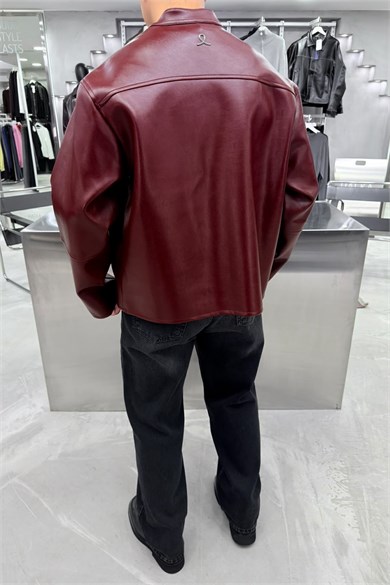 Bordo Premium Fermuar Detaylı Deri Ceket