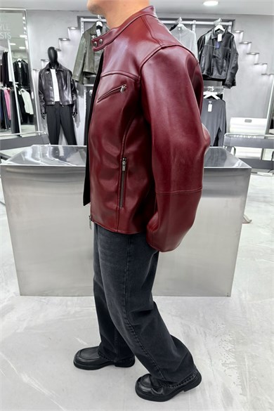 Bordo Premium Fermuar Detaylı Deri Ceket