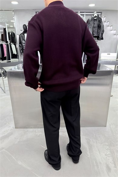 Bordo Premium Fitilli Fermuarlı Relaxed Kazak