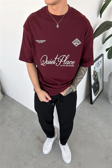 Bordo Quiet Baskılı Oversize Tişört