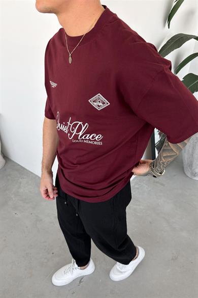 Bordo Quiet Baskılı Oversize Tişört