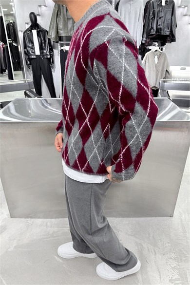 Bordo Retro Soft Line Baklava Desenli Kazak