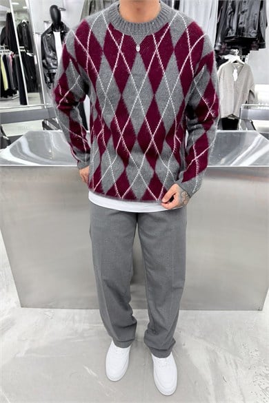 Bordo Retro Soft Line Baklava Desenli Kazak
