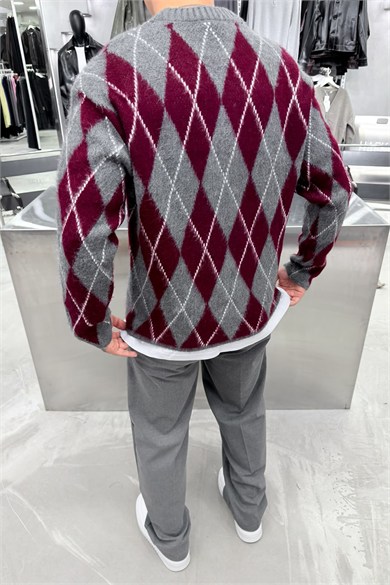 Bordo Retro Soft Line Baklava Desenli Kazak