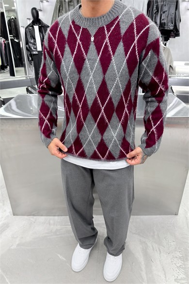 Bordo Retro Soft Line Baklava Desenli Kazak
