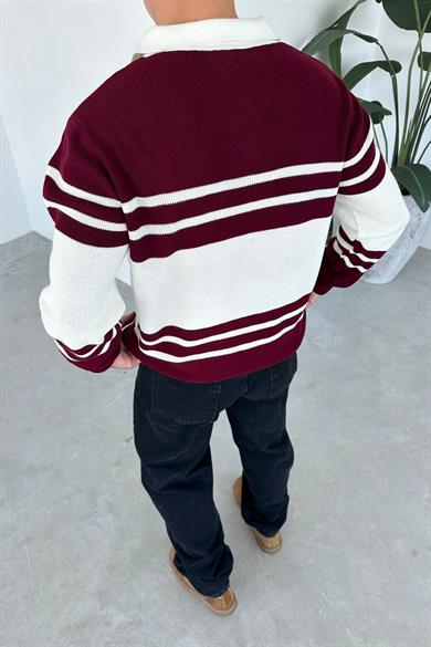 Bordo Şeritli Relaxed Triko Polo Yaka