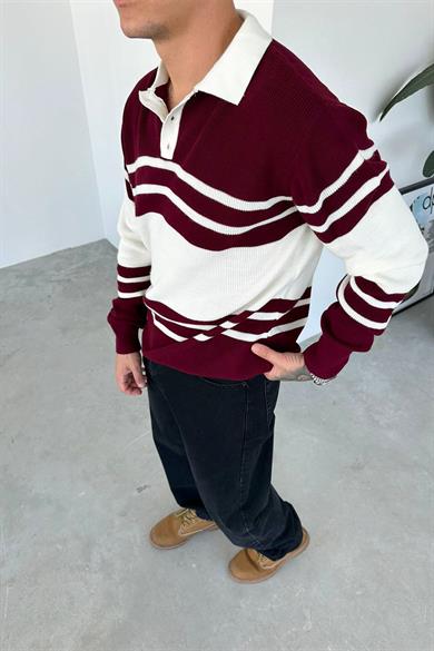 Bordo Şeritli Relaxed Triko Polo Yaka