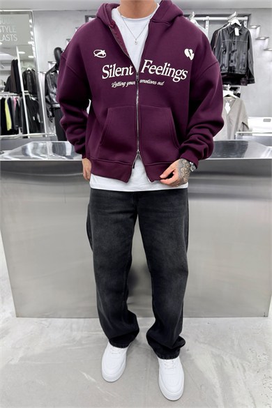 Bordo Slient Baskılı Tam Fermuarlı Oversize Sweatshirt