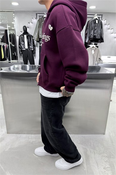 Bordo Slient Baskılı Tam Fermuarlı Oversize Sweatshirt