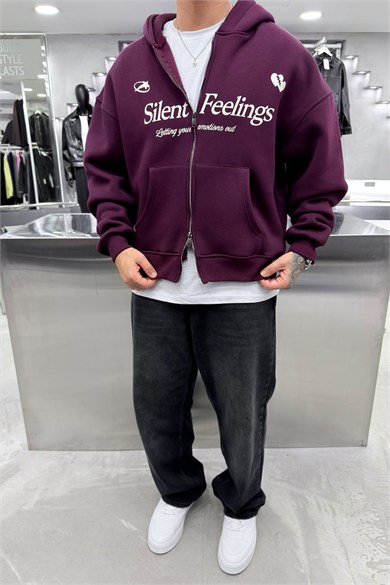 Bordo Slient Baskılı Tam Fermuarlı Oversize Sweatshirt