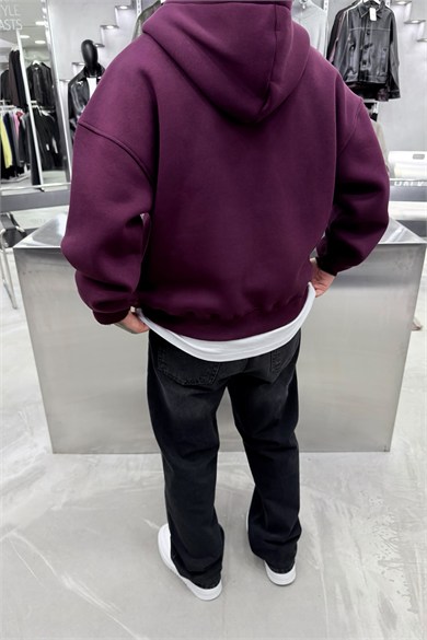 Bordo Slient Baskılı Tam Fermuarlı Oversize Sweatshirt