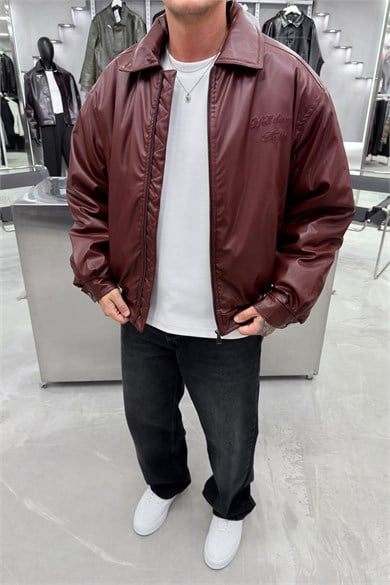 Bordo The Fire Nakışlı Bomber Deri Mont