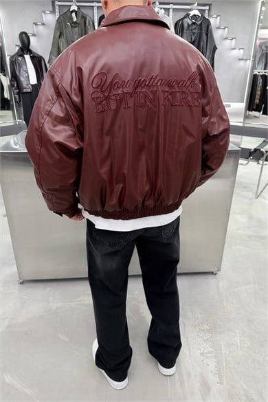 Bordo The Fire Nakışlı Bomber Deri Mont