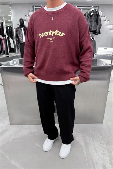Bordo Twenty Four Baskılı Boxy Fit Kazak