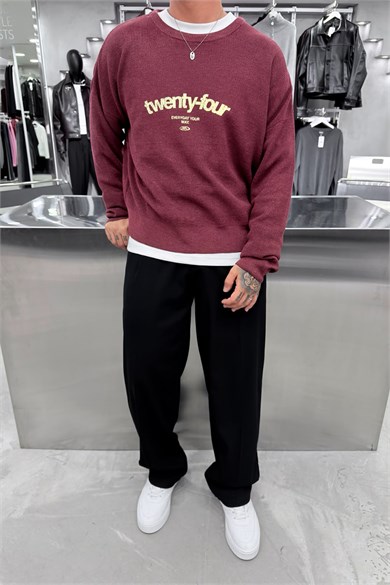 Bordo Twenty Four Baskılı Boxy Fit Kazak