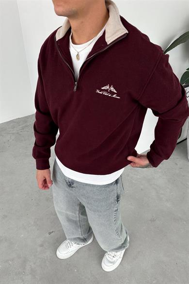 Bordo Yacht Club Yarım Fermuar Relaxed Sweatshirt