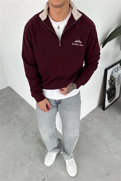 Bordo Yacht Club Yarım Fermuar Relaxed Sweatshirt