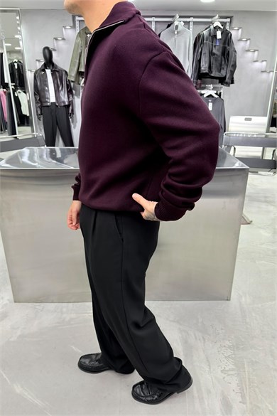 Bordo Yarım Fermuarlı Premium Boğazlı Triko Kazak