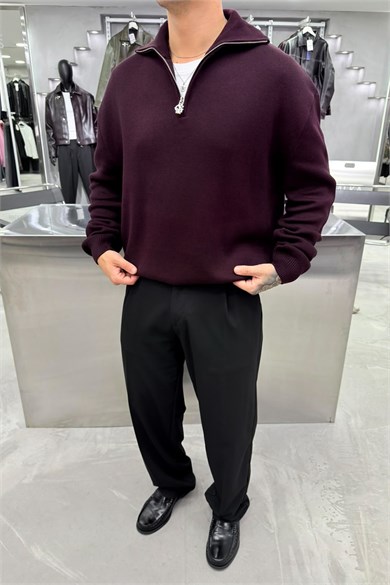 Bordo Yarım Fermuarlı Premium Boğazlı Triko Kazak