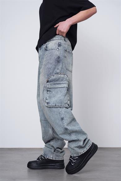 Buz Mavi Buz Mavi Büyük Cep Fermuarlı Kargo 06E GD Baggy Pantolon