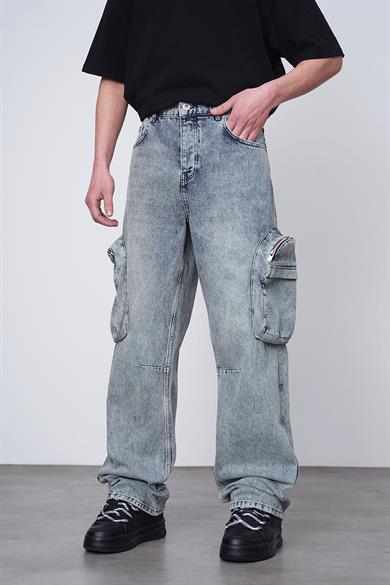 Buz Mavi Buz Mavi Büyük Cep Fermuarlı Kargo 06E GD Baggy Pantolon