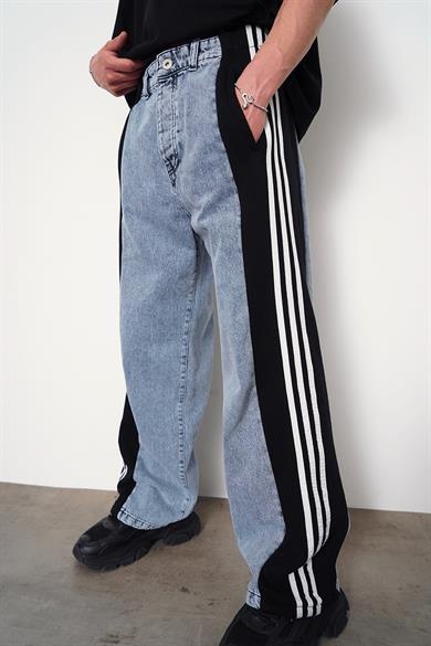 Buz Mavi Buz Mavi Siyah Beyaz Şerit Detay GD Baggy Pantolon