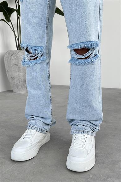 Buz Mavi Dizi Yırtık Baggy Pantolon