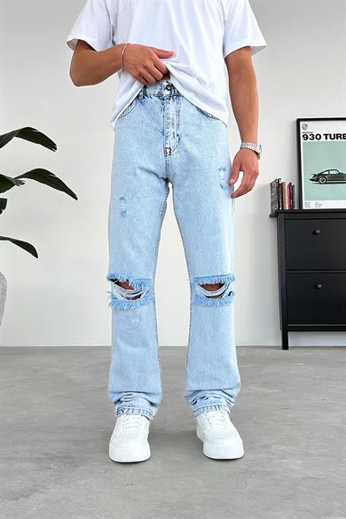Buz Mavi Dizi Yırtık Baggy Pantolon