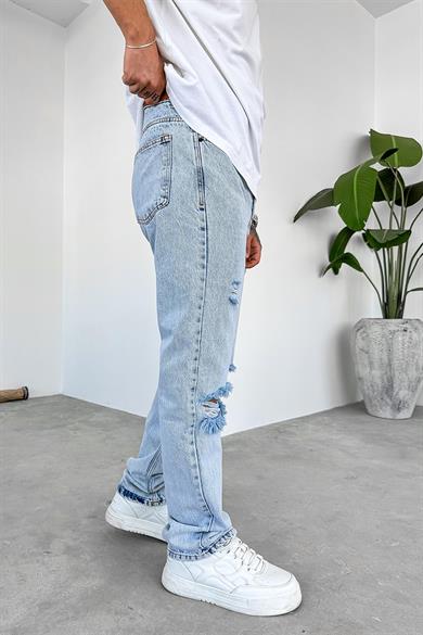 Buz Mavi Dizi Yırtık Baggy Pantolon