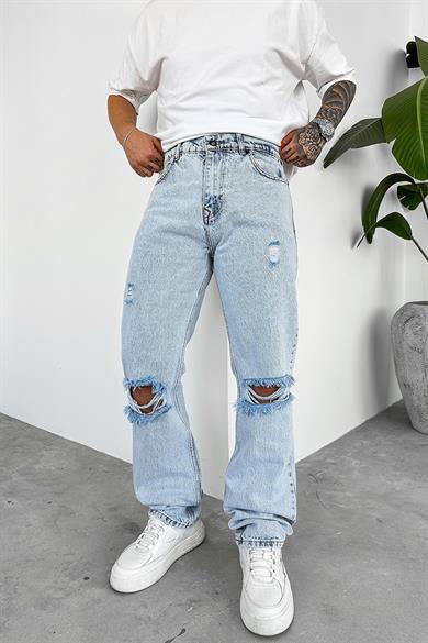 Buz Mavi Dizi Yırtık Baggy Pantolon