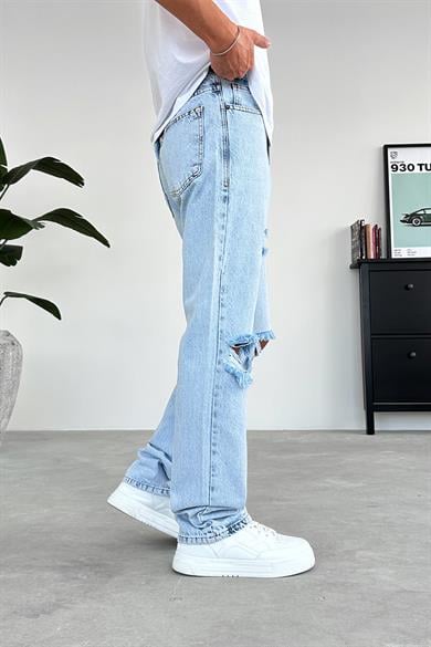Buz Mavi Dizi Yırtık Baggy Pantolon