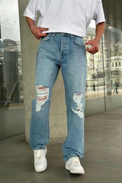 Buz Mavi Dizi Yırtık Detaylı 004 GD Baggy Pantolon