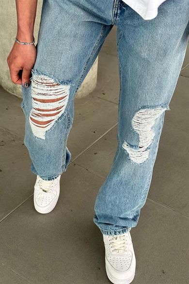 Buz Mavi Dizi Yırtık Detaylı 004 GD Baggy Pantolon