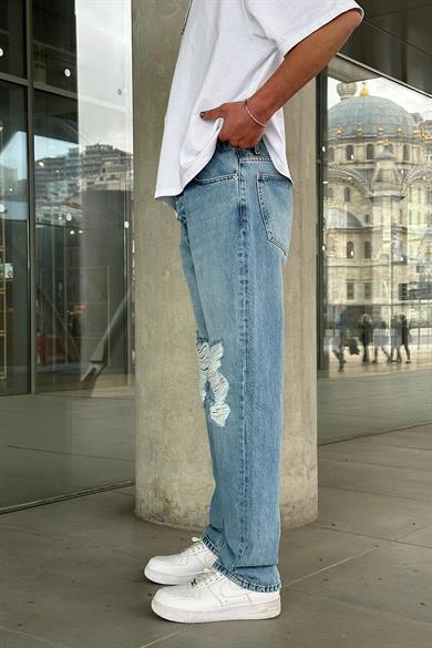 Buz Mavi Dizi Yırtık Detaylı 004 GD Baggy Pantolon